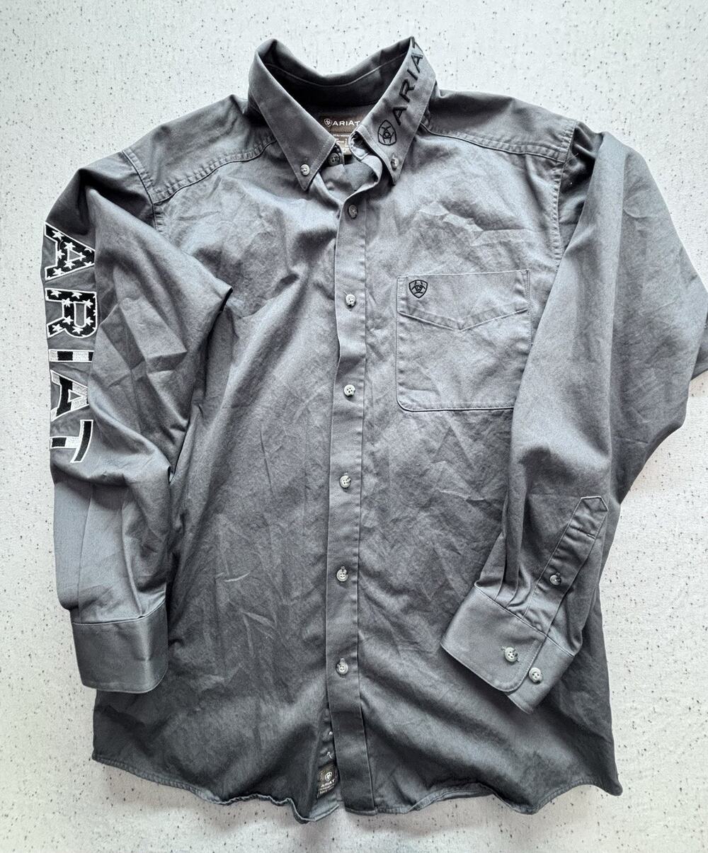 Ariat Mens Small Solid Grey Twill LS Western Cowboy Button Up Work Shirt Rodeo